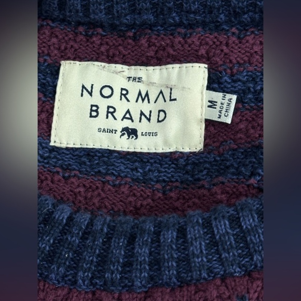 The Normal Brand Men’s M 100% Cotton Striped Knit Sweater Navy Burgundy - Picture 6 of 7